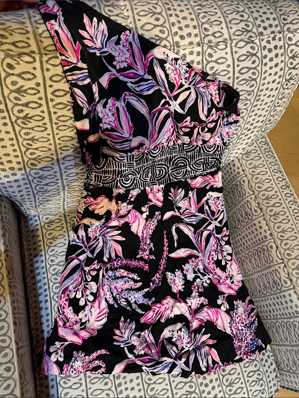 Lilly Pulitzer Black One-Shoulder Dress with Pink Floral Print